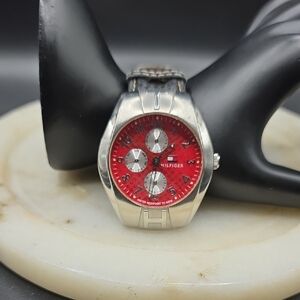 Vintage Tommy Hilfiger Red Dial Silver Watch Leather Band